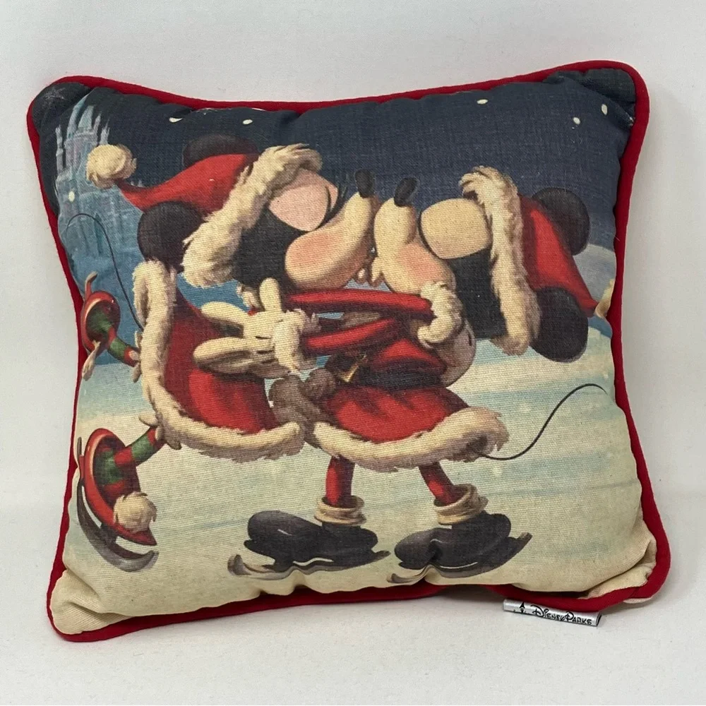 Disney Parks Festive Pillow with Minnie and Mickey Mouse Kissing on Ice Skates
